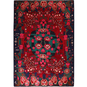Afshar Persian Rug 9'7" x 6'7" - Semi Antique Medallion Crimson, Brown Hand Knotted | front view | SKU 111317