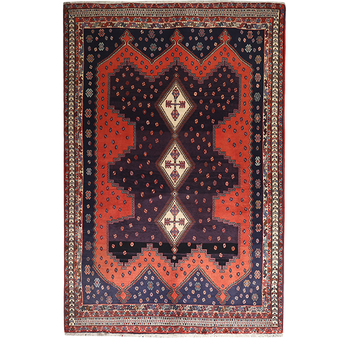 Sirjan Persian Rug 8x5 ft - Semi Antique Medallion (Toranj), Geometric Navy Blue, Madder Red, Cream Hand Knotted | front view | SKU 111320