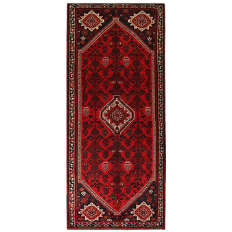 Lori Persian Rug 9x4 ft - Semi Antique Medallion Geometric Dark Red, Burgundy, Navy Blue Hand Knotted | front view | SKU 111321
