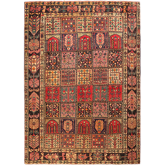 Bakhtiari Persian Rug 9x6 ft - Semi Antique Kheshti Garden, Geometric Madder Red, Cream, Navy Blue Hand Knotted | front view | SKU 111327