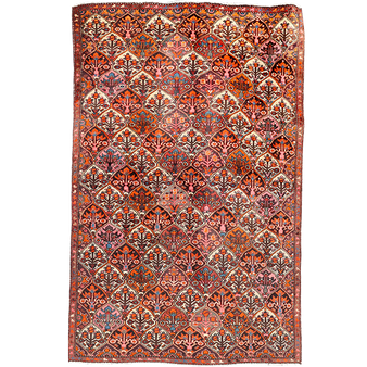 Bakhtiari Persian Rug 8x5 ft - Semi Antique Afshan (All-Over), Herati (Mahi) Madder Red, Rust Red, Cream Hand Knotted | front view | SKU 111330
