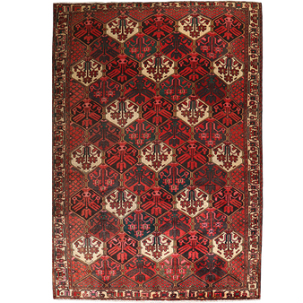 Bakhtiari Persian Rug 9x7 ft - Semi Antique Diamond Lattice, Geometric Dark Red, Crimson, Ivory Hand Knotted | front view | SKU 111332