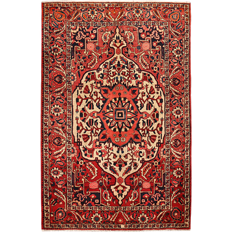 Bakhtiari Persian Rug 8x5 ft - Semi Antique Medallion (Toranj), Shah Abbasi Madder Red, Crimson, Ivory Hand Knotted | front view | SKU 111334