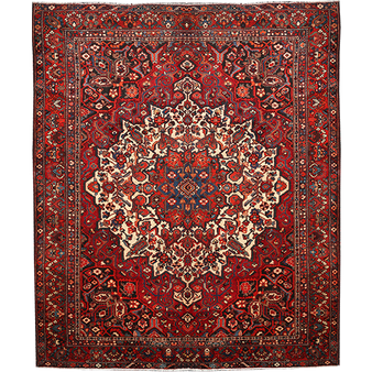 Bakhtiari Persian Rug 13x10 ft - Semi Antique Medallion (Toranj), Geometric Madder Red, Crimson, Navy Blue Hand Knotted | front view | SKU 111335