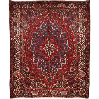 Bakhtiari Persian Rug 13x10 ft - Semi Antique Medallion Toranj, Herati Mahi Madder Red, Navy Blue, Cream Hand Knotted | front view | SKU 111338
