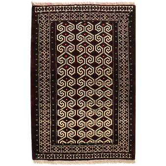 Turkmen Persian Rug 3'11" x 2'7" - Semi Antique Geometric Crimson, Navy Blue Hand Knotted | front view | SKU 111360