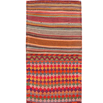 Shiraz Persian Rug 4'11" x 2'2" - Semi Antique Geometric Blue, Red Hand Knotted | front view | SKU 111361