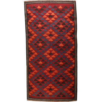Afghan Persian Rug 12x4 ft - Semi Antique Geometric, Diamond Lattice Madder Red, Navy Blue, Dark Red Hand Knotted | front view | SKU 111362