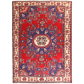 Tafresh Persian Rug 6'3" x 4'5" - Semi Antique Medallion Crimson, Beige Hand Knotted | front view | SKU 111363