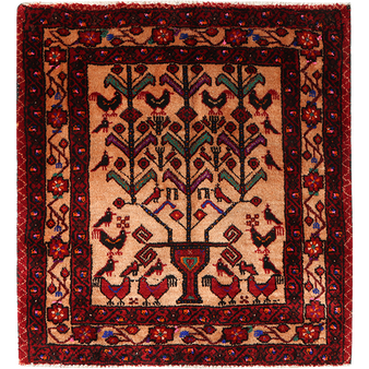 Baluch Persian Rug 2x2 ft - Semi Antique Tree of Life, Geometric Madder Red, Camel, Burgundy Hand Knotted | front view | SKU 111364