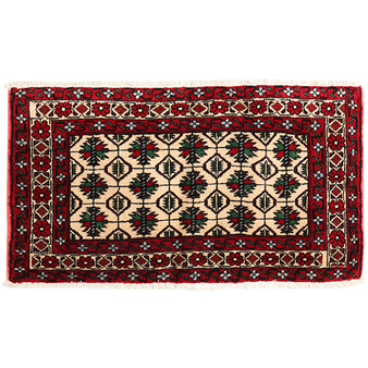 Baluch Persian Rug 3x1 ft - Semi Antique Herati (Mahi), Geometric Cream, Dark Red, Navy Blue Hand Knotted | front view | SKU 111365