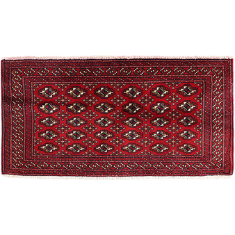 Turkmen Persian Rug 4x1 ft - Semi Antique Geometric, Turkmen Gul Crimson, Navy Blue, White Hand Knotted | front view | SKU 111366