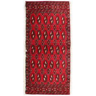 Turkmen Persian Rug 3x1 ft - Semi Antique Geometric, Turkmen Gul Madder Red, Dark Red, Black Hand Knotted | front view | SKU 111367