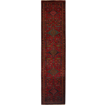 Heriz Persian Rug 13x2 ft - Semi Antique Medallion Geometric Madder Red, Dark Red, Navy Blue Hand Knotted | front view | SKU 111371