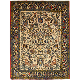 Qum Persian Rug 5'1" x 3'11" - Semi Antique Medallion Beige, Red Hand Knotted | front view | SKU 111373