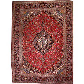 Kashan Persian Rug 13'1" x 9'10" - Semi Antique Medallion Crimson, Navy Blue Hand Knotted | front view | SKU 111374