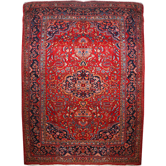 Lilihan Persian Rug 14'2" x 10'7" - Semi Antique Geometric Red, Navy Blue Hand Knotted | front view | SKU 111379