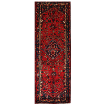 Hosseinabad Persian Rug 10x3 ft - Semi Antique Medallion (Toranj), Herati (Mahi) Madder Red, Navy Blue, Ivory Hand Knotted | front view | SKU 111381