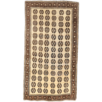 Shiraz Persian Rug 7x3 ft - Semi Antique Geometric, Turkmen Gul Ivory, Brown, Dark Red Hand Knotted | front view | SKU 111405