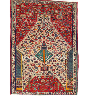 Qashqai Persian Rug 3'11" x 2'9" - Semi Antique Geometric Crimson, Blue Hand Knotted | front view | SKU 111406