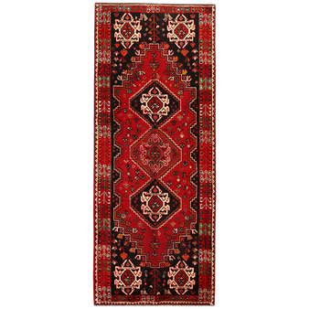 Shiraz Persian Rug 9x3 ft - Semi Antique Medallion Geometric Madder Red, Dark Red, Black Hand Knotted | front view | SKU 111407