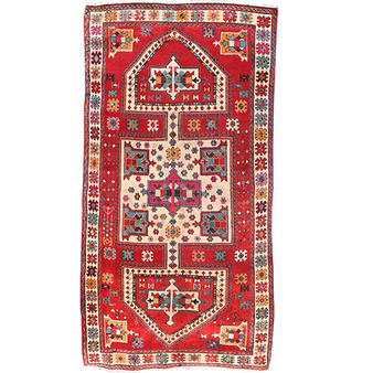 Shiraz Persian Rug 9x4 ft - Semi Antique Mihrab Prayer, Geometric Madder Red, Ivory, Navy Blue Hand Knotted | front view | SKU 111409