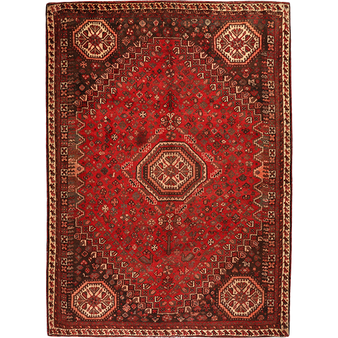 Shiraz Persian Rug 9'6" x 6'11" - Semi Antique Geometric Blue, Red Hand Knotted | front view | SKU 111411