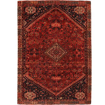 Shiraz Persian Rug 8x6 ft - Semi Antique Geometric Blue, Red Hand Knotted | front view | SKU 111415