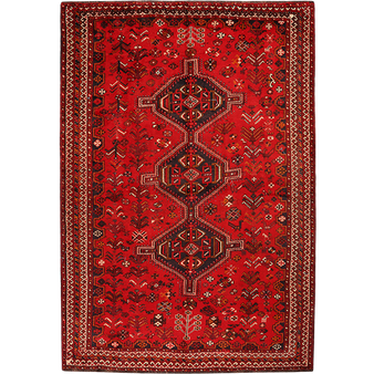 Shiraz Persian Rug 9x6 ft - Semi Antique Geometric, Gol Farang (European Floral) Madder Red, Dark Red, Cream Hand Knotted | front view | SKU 111417
