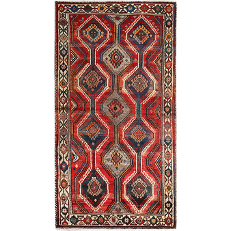 Shiraz Persian Rug 9x4 ft - Semi Antique Diamond Lattice, Geometric Madder Red, Navy Blue, Cream Hand Knotted | front view | SKU 111420