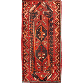 Shiraz Persian Rug 8'10" x 4'0" - Semi Antique Geometric Blue, Red Hand Knotted | front view | SKU 111421