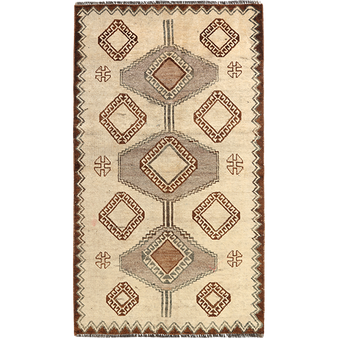 Shiraz Persian Rug 5x3 ft - Semi Antique Geometric, Diamond Lattice Cream, Brown, Taupe Hand Knotted | front view | SKU 111424