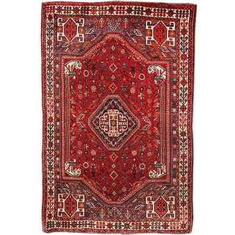 Shiraz Persian Rug 8x5 ft - Semi Antique Medallion (Toranj), Geometric Madder Red, Cream, Navy Blue Hand Knotted | front view | SKU 111428