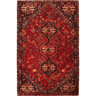 Shiraz Persian Rug 8x5 ft - Semi Antique Geometric, Tribal and Nomadic Madder Red, Dark Red, Crimson Hand Knotted | front view | SKU 111432