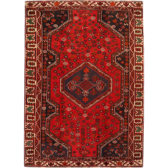 Shiraz Persian Rug 8'11" x 6'2" - Semi Antique Geometric Blue, Red Hand Knotted | front view | SKU 111433