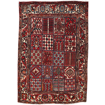 Bakhtiari Persian Rug 8'10" x 5'5" - Antique Medallion Blue, Crimson Hand Knotted | front view | SKU 111440