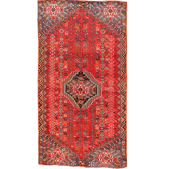 Shiraz Persian Rug 7'10" x 4'3" - Semi Antique Geometric Blue, Red Hand Knotted | front view | SKU 111442