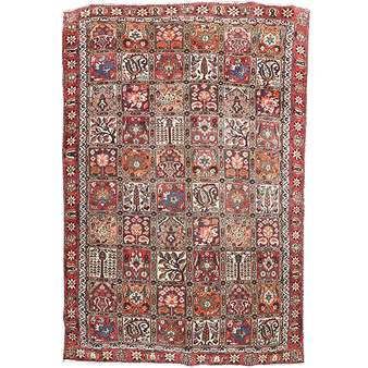 Bakhtiari Persian Rug 10x6 ft - Semi Antique Medallion Blue, Crimson Hand Knotted | front view | SKU 111447