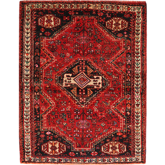 Shiraz Persian Rug 5x3 ft - Semi Antique Geometric Blue, Red Hand Knotted | front view | SKU 111449