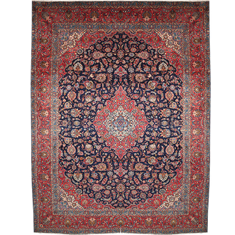 Kashan Persian Rug 13x10 ft - Semi Antique Medallion Crimson, Navy Blue Hand Knotted | front view | SKU 111453