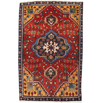 Tabriz Persian Rug 4x3 ft - Semi Antique Medallion (Toranj), Geometric Red, Orange, Navy Blue Hand Knotted | front view | SKU 111457