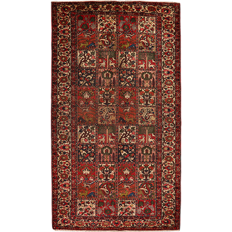 Bakhtiari Persian Rug 10'8" x 5'6" - Semi Antique Medallion Blue, Crimson Hand Knotted | front view | SKU 111459