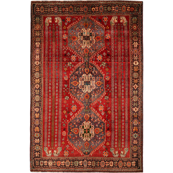Qashqai Persian Rug 9x6 ft - Semi Antique Geometric Crimson, Blue Hand Knotted | front view | SKU 111460
