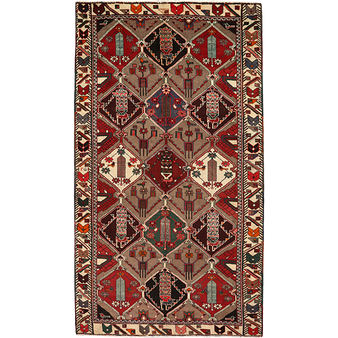 Shiraz Persian Rug 9'10" x 5'3" - Semi Antique Geometric Blue, Red Hand Knotted | front view | SKU 111461