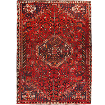 Shiraz Persian Rug 7'9" x 5'5" - Semi Antique Geometric Blue, Red Hand Knotted | front view | SKU 111463