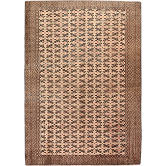 Turkmen Persian Rug 8x6 ft - Semi Antique Geometric Crimson, Navy Blue Hand Knotted | front view | SKU 111465