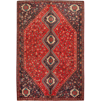 Shiraz Persian Rug 8x5 ft - Semi Antique Geometric, Gol Farang Red, Brown, Cream Hand Knotted | front view | SKU 111469