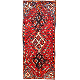 Shiraz Persian Rug 8'4" x 3'4" - Semi Antique Geometric Blue, Red Hand Knotted | front view | SKU 111470