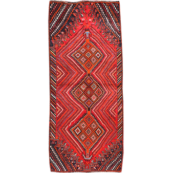 Shiraz Persian Rug 8x3 ft - Semi Antique Geometric Blue, Red Hand Knotted | front view | SKU 111471