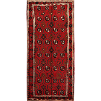 Baluch Persian Rug 9x4 ft - Semi Antique Geometric, Turkmen Gul Red, Madder Red, Dark Red Hand Knotted | front view | SKU 111474